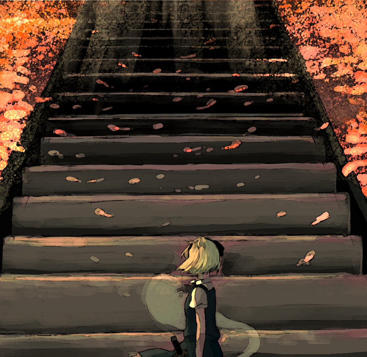 ishidamagu, konpaku youmu, konpaku youmu (ghost), touhou, 1girl, female focus, hitodama, solo, stairs