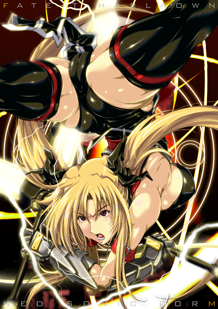 katsuki yousuke, bardiche (nanoha), bardiche (riot zanber stinger) (nanoha), fate testarossa, fate testarossa (true sonic form), lyrical nanoha, mahou shoujo lyrical nanoha, mahou shoujo lyrical nanoha strikers, 00s, 1girl, blonde hair, breasts, cameltoe, fat mons, female focus, gloves, large breasts, lightning, long hair, magic circle, muscular, red eyes, sideboob, solo, spread legs, thighhighs, twintails, very long hair
