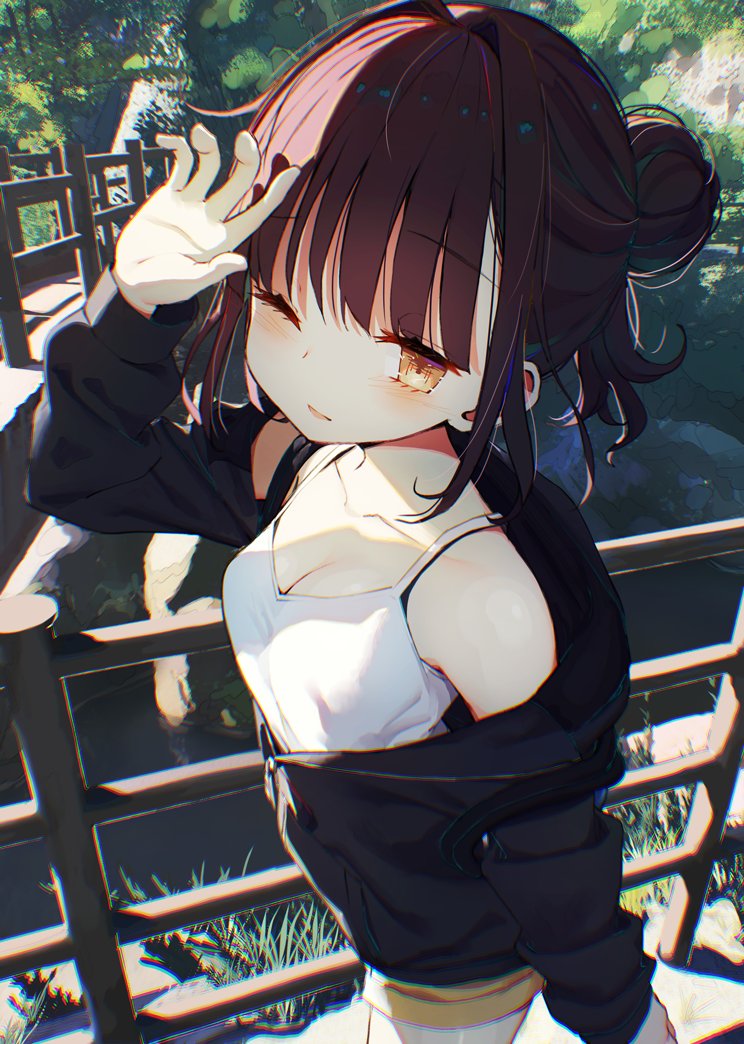 kamizaki hibana, original, 1girl, black jacket, blush, breasts, brown eyes, brown hair, camisole, cleavage, collarbone, day, fence, grass, hair bun, hood, jacket, looking at viewer, medium breasts, off shoulder, one eye closed, outdoors, partially unzipped, railing, shading eyes, single hair bun, solo, tank top