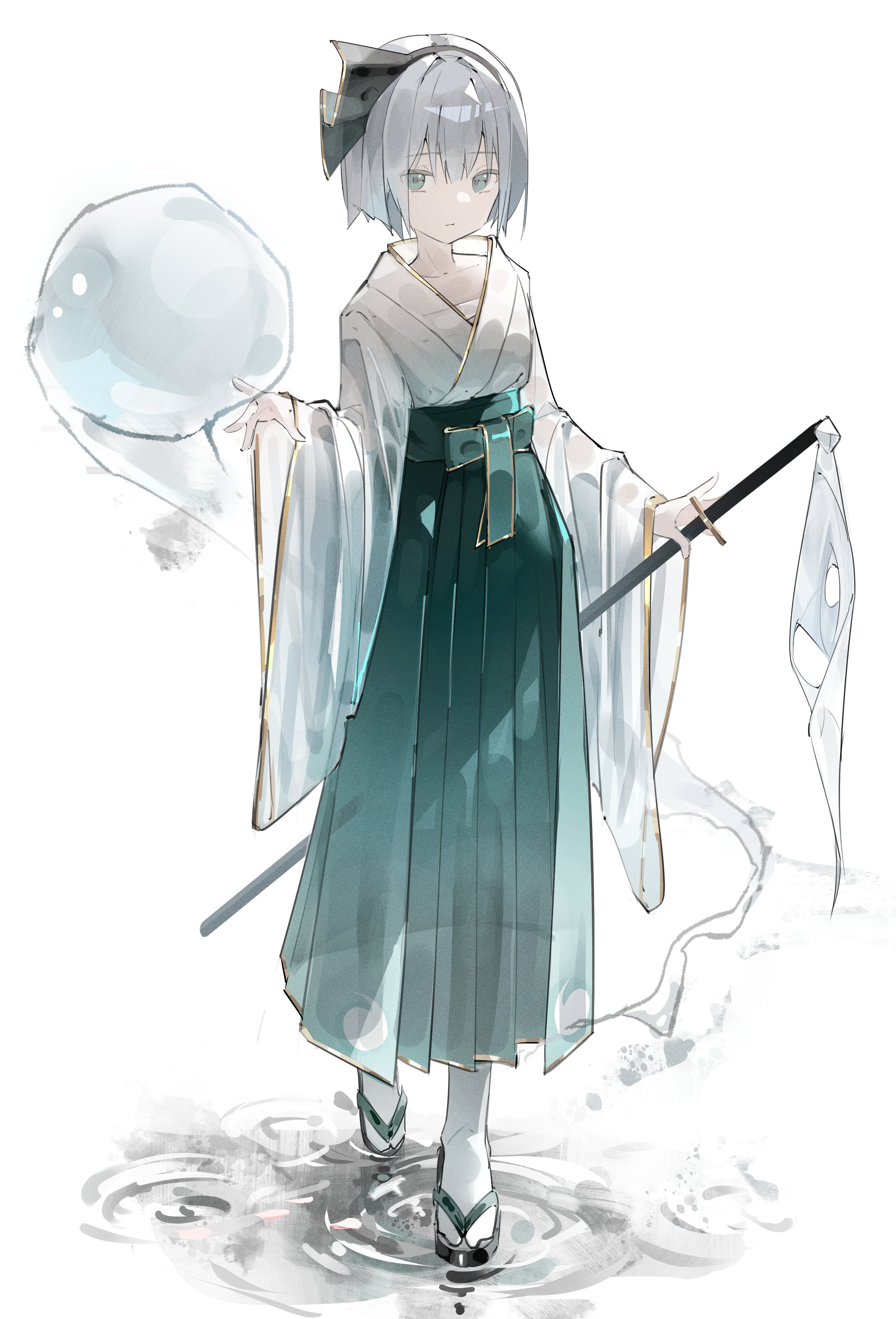 kurukuru1202kr, konpaku youmu, touhou, absurdres, highres, 1girl, ghost, grey hair, hair ribbon, hairband, hakama, hakama skirt, holding, holding sword, holding weapon, japanese clothes, kimono, ribbon, short hair, skirt, smile, socks, solo, standing, sword, weapon, white kimono, white socks