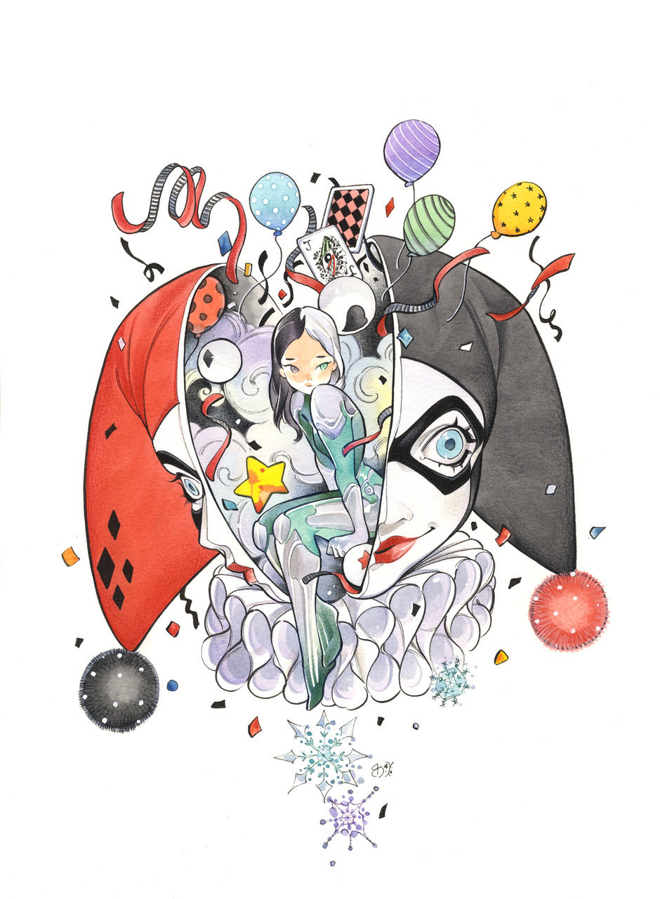 peach momoko, harley quinn, harley quinn (classic), dc comics, highres, 2girls, blue eyes, bodysuit, eye mask, eyelashes, eyeliner, green bodysuit, hat, heterochromia, jester cap, lipstick, looking to the side, makeup, mask, multiple girls, party popper, poker, red lips, serious, simple background, sitting, smile, smoke, snowflakes, two-tone hat, white background
