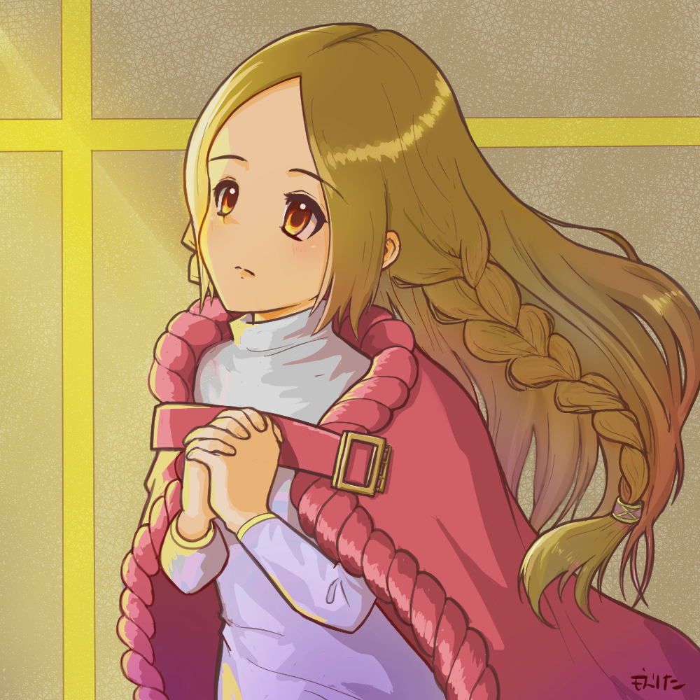 ovelia atkascha, final fantasy, final fantasy tactics, hazel eyes, braid, capelet, chk1000-gif, dress, light blush, long dress, long hair, long sleeves, pink capelet, praying, turtleneck