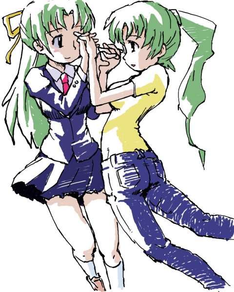 sonozaki mion, sonozaki shion, higurashi no naku koro ni, 00s, blazer, casual, green eyes, green hair, long hair, ponytail, ribbon, school uniform