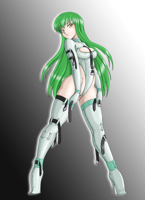 amiba00, c.c., code geass, 00s, 1girl, bdsm, bondage, bound, breasts, buckle, cleavage, female focus, green hair, high heels, long hair, shoes, solo, straitjacket, strap, thighhighs, yellow eyes