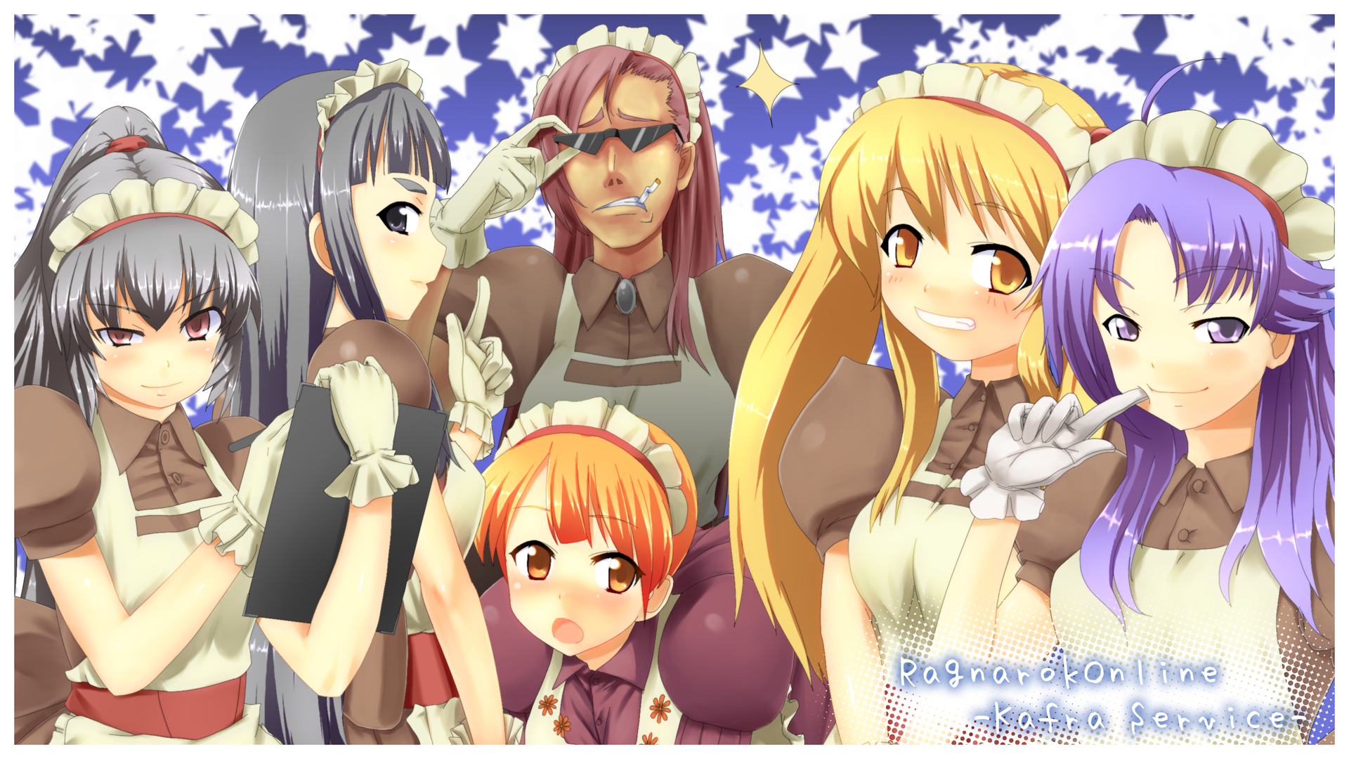 dokuo, blossom (ragnarok online), leilah (ragnarok online), pavianne (ragnarok online), roxie (ragnarok online), ragnarok online, commentary request, highres, 6+girls, ahoge, apron, asymmetrical bangs, black eyes, blonde hair, blue background, blunt bangs, border, breasts, brown dress, cigarette, clipboard, collared dress, copyright name, curly sue, dress, gloves, grey hair, grin, high ponytail, holding, holding clipboard, holding pen, jasmine (ragnarok online), kafra uniform, long hair, looking at viewer, maid, maid headdress, medium breasts, multiple girls, orange eyes, orange hair, pen, ponytail, puffy short sleeves, puffy sleeves, purple eyes, purple hair, red sash, sash, short hair, short sleeves, smile, star (symbol), sunglasses, upper body, white apron, white border, white gloves, yellow eyes