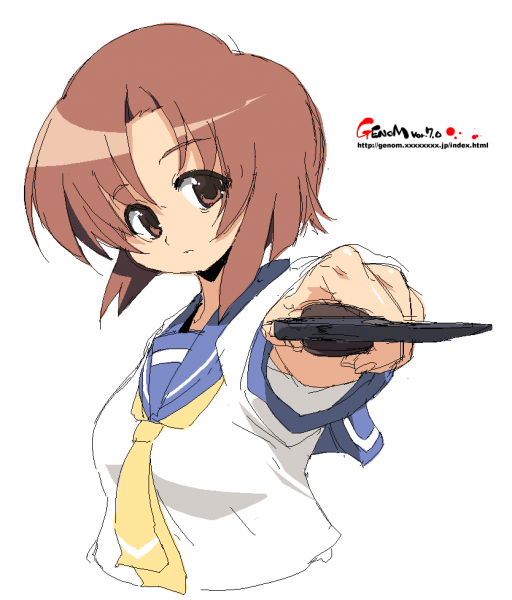 onija tarou, ryuuguu rena, higurashi no naku koro ni, resized, billhook, brown eyes, brown hair, pixiv thumbnail, school uniform, serafuku, short hair