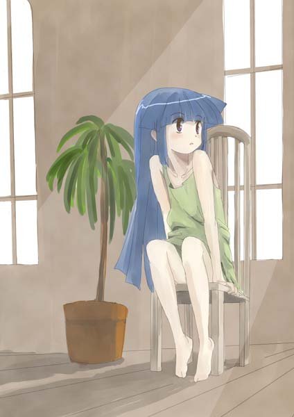 sumiya takashi, furude rika, higurashi no naku koro ni, 00s, 1girl, barefoot, blue hair, chair, child, dress, feet, female focus, green skirt, long hair, purple eyes, sitting, skirt, solo, tree
