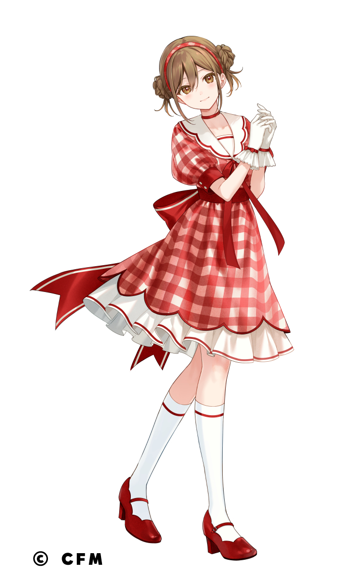 fukahire (ruinon), character request, commentary request, copyright request, 1girl, block heels, blush, bow, braid, braided bun, brown eyes, brown hair, choker, closed mouth, double-parted bangs, double bun, dress, dress ribbon, frilled gloves, frills, full body, gingham, gingham dress, glove bow, gloves, hair between eyes, hair bun, hairband, kneehighs, layered dress, long bangs, looking at viewer, red bow, red choker, red dress, red hairband, red ribbon, red shoes, ribbon, shoes, simple background, single stripe, socks, solo, white background, white gloves, white socks
