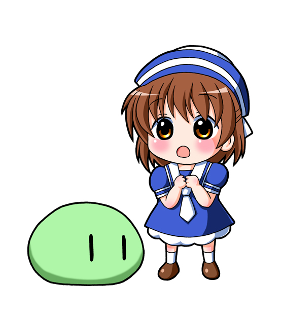 doku donguri, okazaki ushio, clannad, dango daikazoku, 00s, 1girl, brown eyes, brown hair, chibi, dango, dixie cup hat, dress, female focus, food, hat, military hat, sailor dress, school uniform, serafuku, short hair, socks, solo, wagashi, white socks