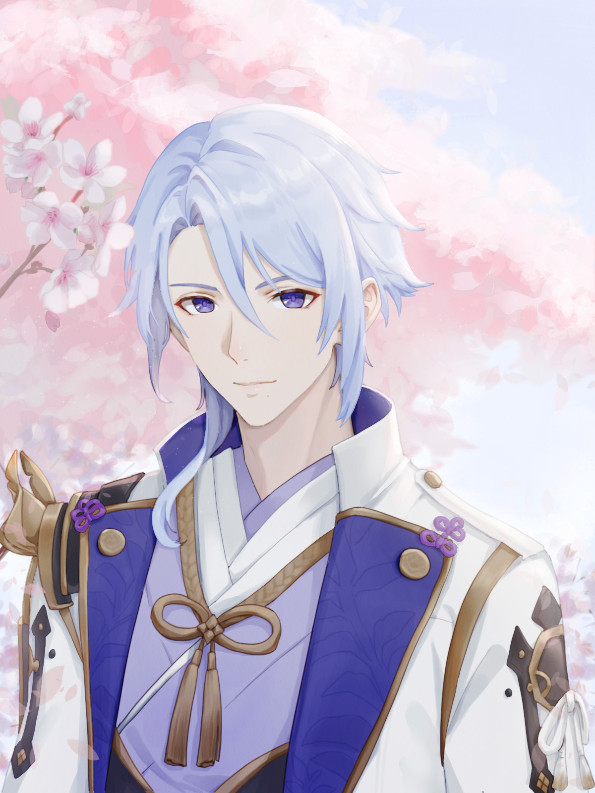 kamisato ayato, genshin impact, chinese commentary, commentary request, highres, 1boy, 3113313545, armor, blue hair, blue sky, branch, brown ribbon, cherry blossoms, closed mouth, day, flower knot, hair between eyes, jacket, japanese clothes, kimono, lapels, lips, long sleeves, looking at viewer, male focus, medium hair, mole, mole under mouth, neck ribbon, open clothes, open jacket, outdoors, petals, purple eyes, purple kimono, ribbon, shoulder armor, sky, smile, solo, tassel, tree, upper body, white jacket, white ribbon