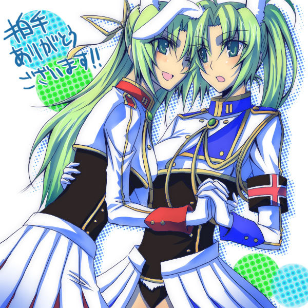 isya, chiester410, chiester45, chiester sisters, sonozaki mion, sonozaki shion, higurashi no naku koro ni, umineko no naku koro ni, non-web source, 2girls, animal ears, company connection, cosplay, creator connection, crossover, green eyes, green hair, holding hands, leotard, long hair, multiple girls, one eye closed, parody, ponytail, rabbit ears, ribbon, showgirl skirt, siblings, sisters, twins, webclap, wink