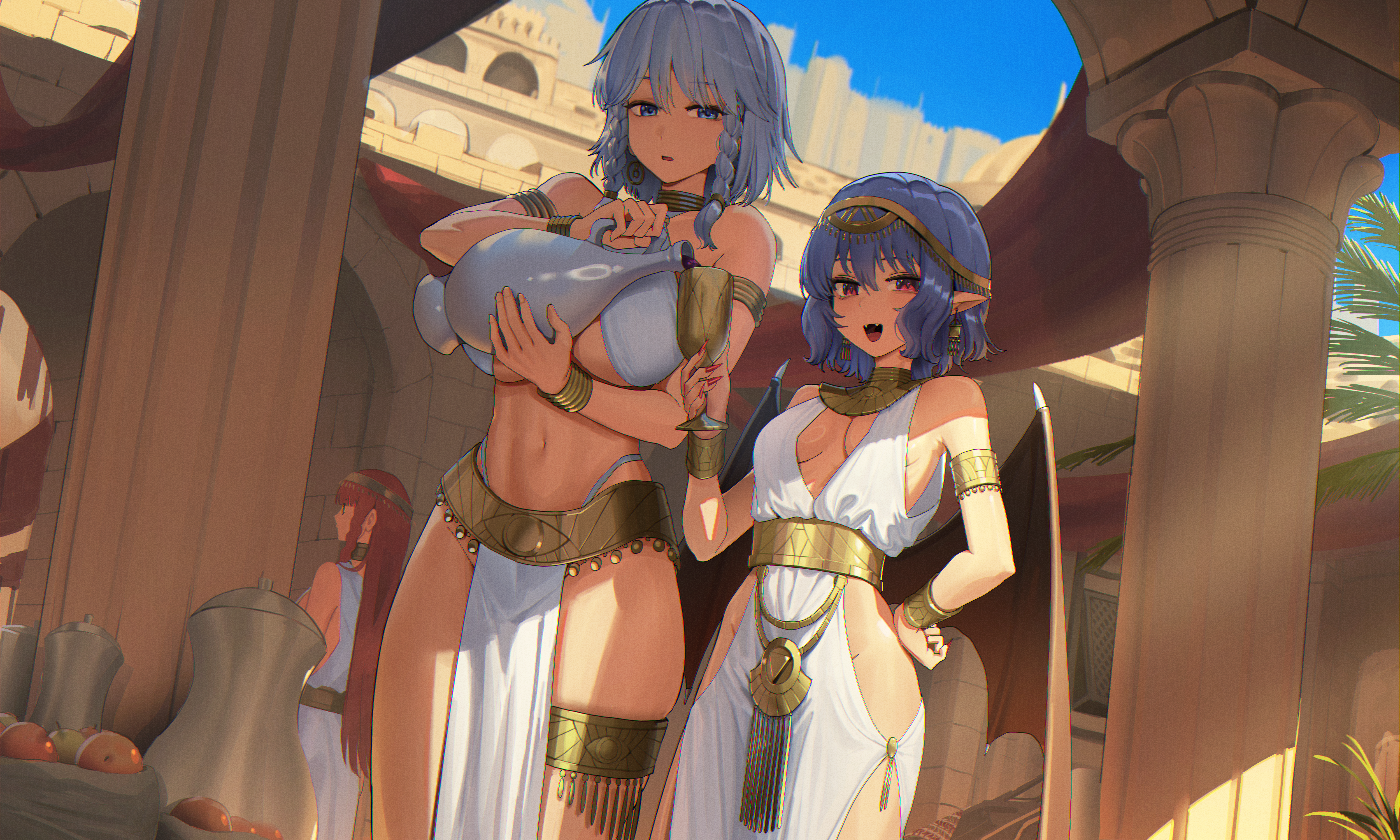 goback, izayoi sakuya, remilia scarlet, touhou, gold armlet, gold collar, absurdres, commentary request, highres, 2girls, alternate costume, ancient egyptian, ancient egyptian clothes, armlet, bat wings, bikini, black wings, blue eyes, blue hair, braid, breasts, cup, earrings, eye of horus, fangs, fingernails, grey hair, holding, holding cup, holding pitcher, jewelry, large breasts, looking at viewer, multiple girls, nail polish, open mouth, outdoors, pelvic curtain, pitcher (container), pointy ears, red eyes, red nails, sharp fingernails, short hair, sling bikini top, small breasts, standing, swimsuit, twin braids, usekh collar, white bikini, wings