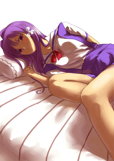 usakes, fujibayashi kyou, clannad, 00s, bed, long hair, lying, purple eyes, purple hair, school uniform, solo