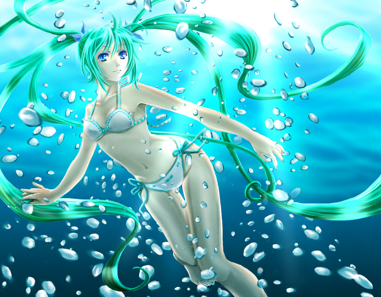 ren lowol, hatsune miku, vocaloid, bad id, bad pixiv id, bikini, blue eyes, bubble, green hair, long hair, solo, swimsuit, twintails, underwater