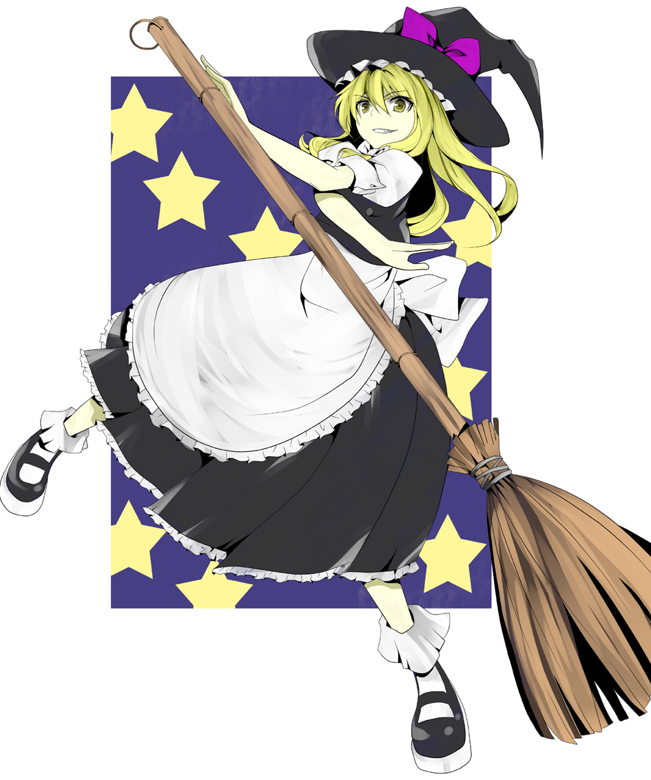 yosimura, kirisame marisa, touhou, bad id, bad pixiv id, 1girl, blonde hair, bow, broom, female focus, hat, skirt, solo, star (symbol), witch, witch hat, yellow eyes