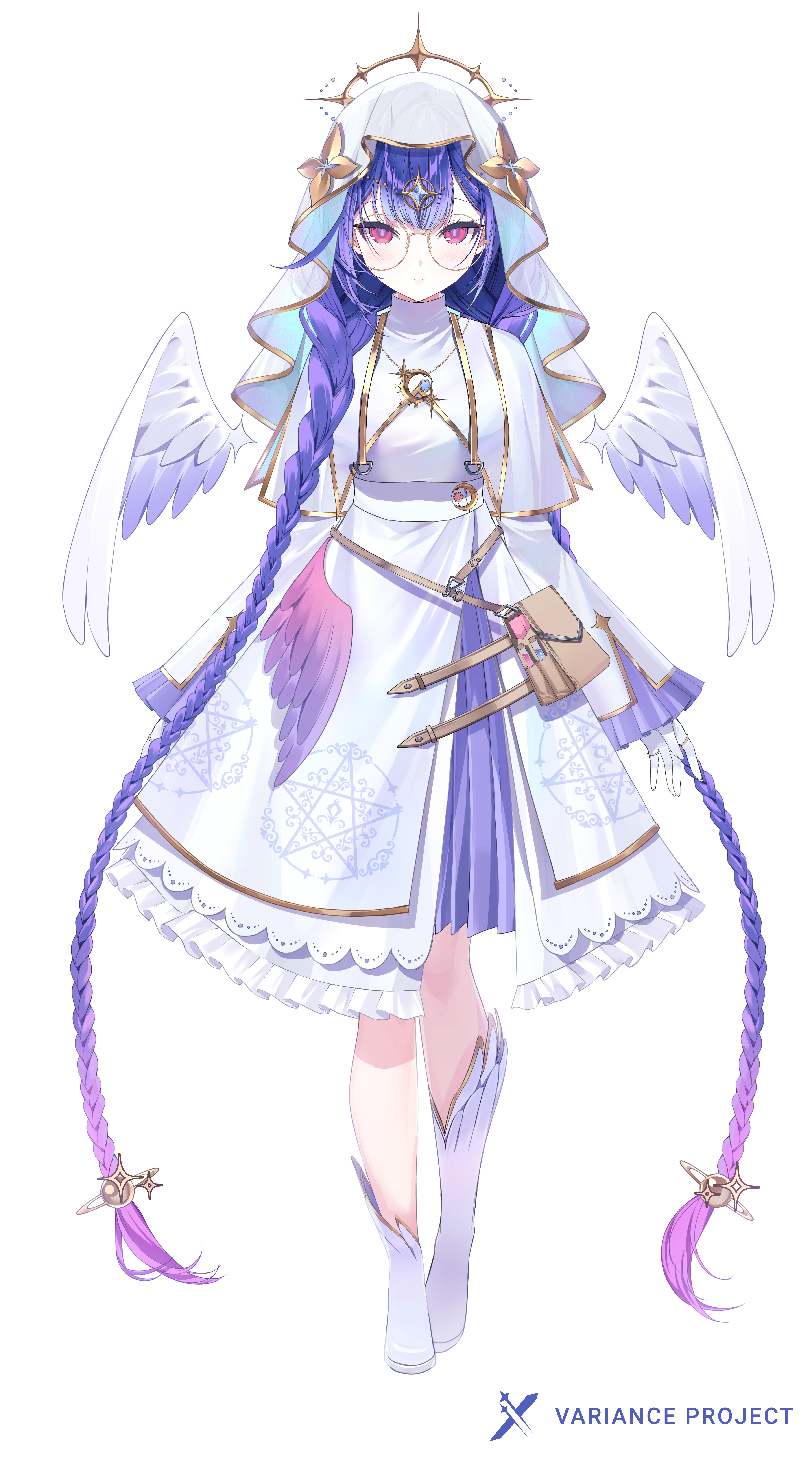 ggatip, leia memoria, variance project, absurdres, commentary request, highres, official art, 1girl, absurdly long hair, bag, boots, braid, breasts, capelet, copyright name, detached wings, dress, feathered wings, full body, glasses, gloves, gold trim, gradient hair, halo, long hair, looking at viewer, medium breasts, multicolored hair, pink eyes, pink hair, purple hair, simple background, smile, solo, tachi-e, twin braids, veil, very long hair, virtual youtuber, white background, white boots, white capelet, white dress, white gloves, white wings, wings