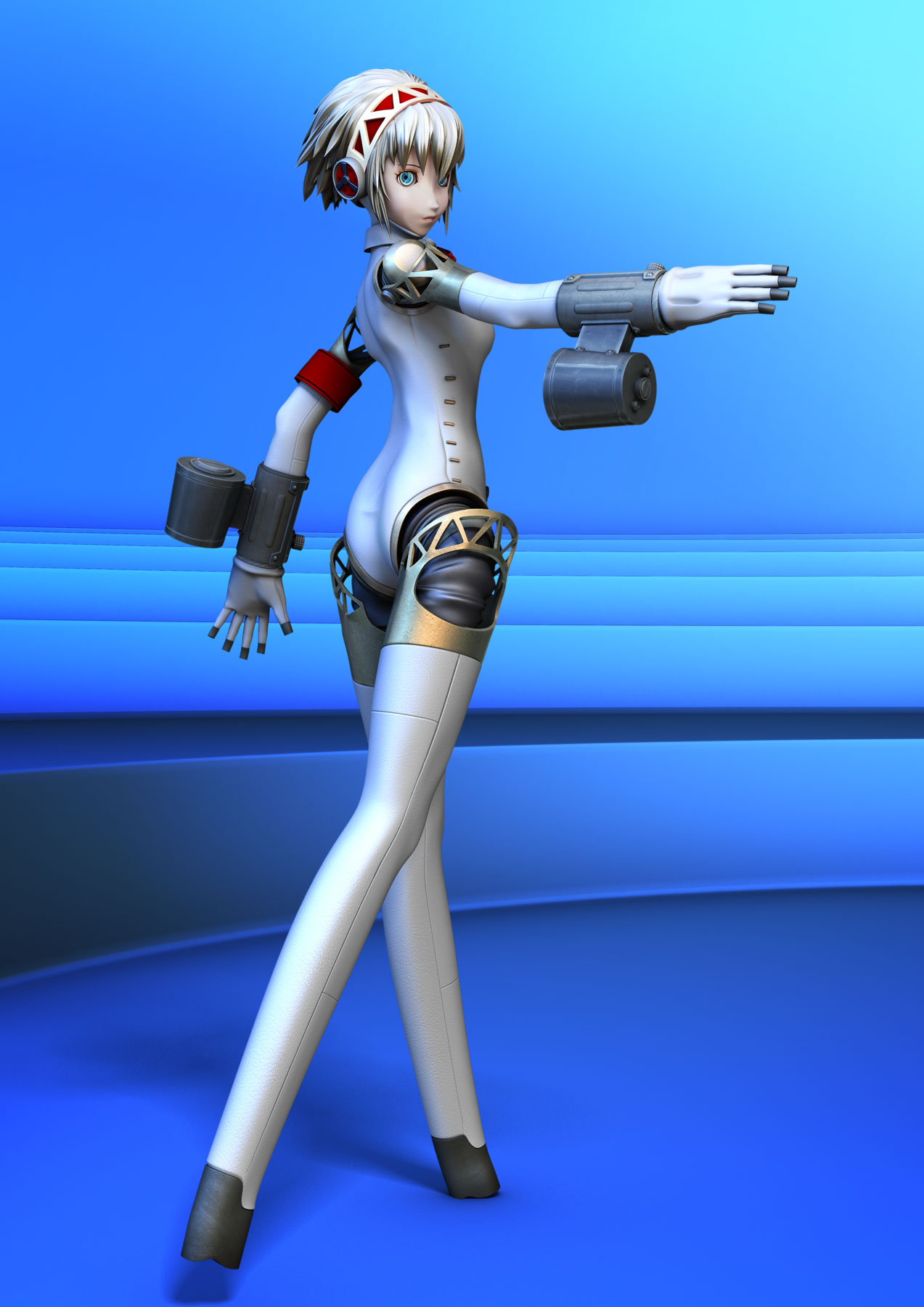 black long tail, aigis (persona), atlus, persona, persona 3, highres, 1girl, 3d, android, ass, blonde hair, blue eyes, cyborg, female focus, full body, hairband, hoves, solo, walking