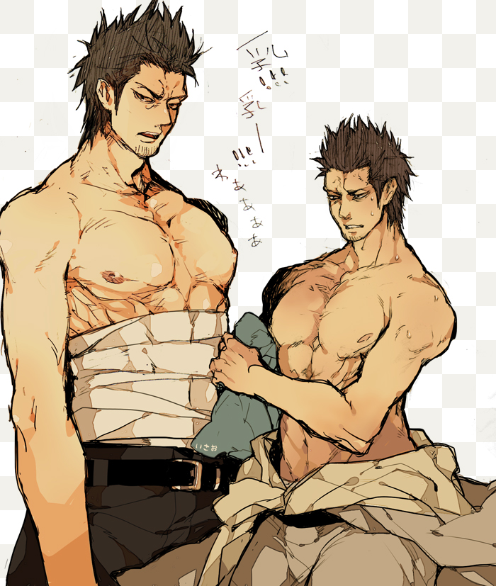 sachiko (omame), kondou isao, gintama, commentary request, translation request, 1boy, belt, black belt, black hair, black pants, checkered background, facial hair, goatee stubble, hadanugi dousa, holding, holding unworn clothes, looking at viewer, male focus, multiple views, muscular, muscular male, narrowed eyes, nipples, open kimono, open mouth, pants, pectorals, sarashi, short hair, standing, stubble, sweat, topless male, white background, wiping sweat