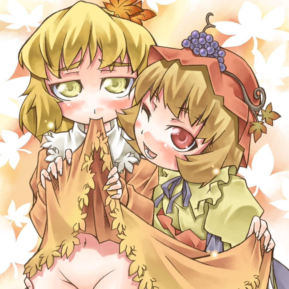 nyagakiya, aki minoriko, aki shizuha, touhou, non-web source, 2girls, blush, clothes in mouth, clothes lift, female focus, groin, hair ornament, leaf, leaf hair ornament, mouth hold, multiple girls, navel, no panties, one eye closed, siblings, sisters, skirt, skirt in mouth, skirt lift