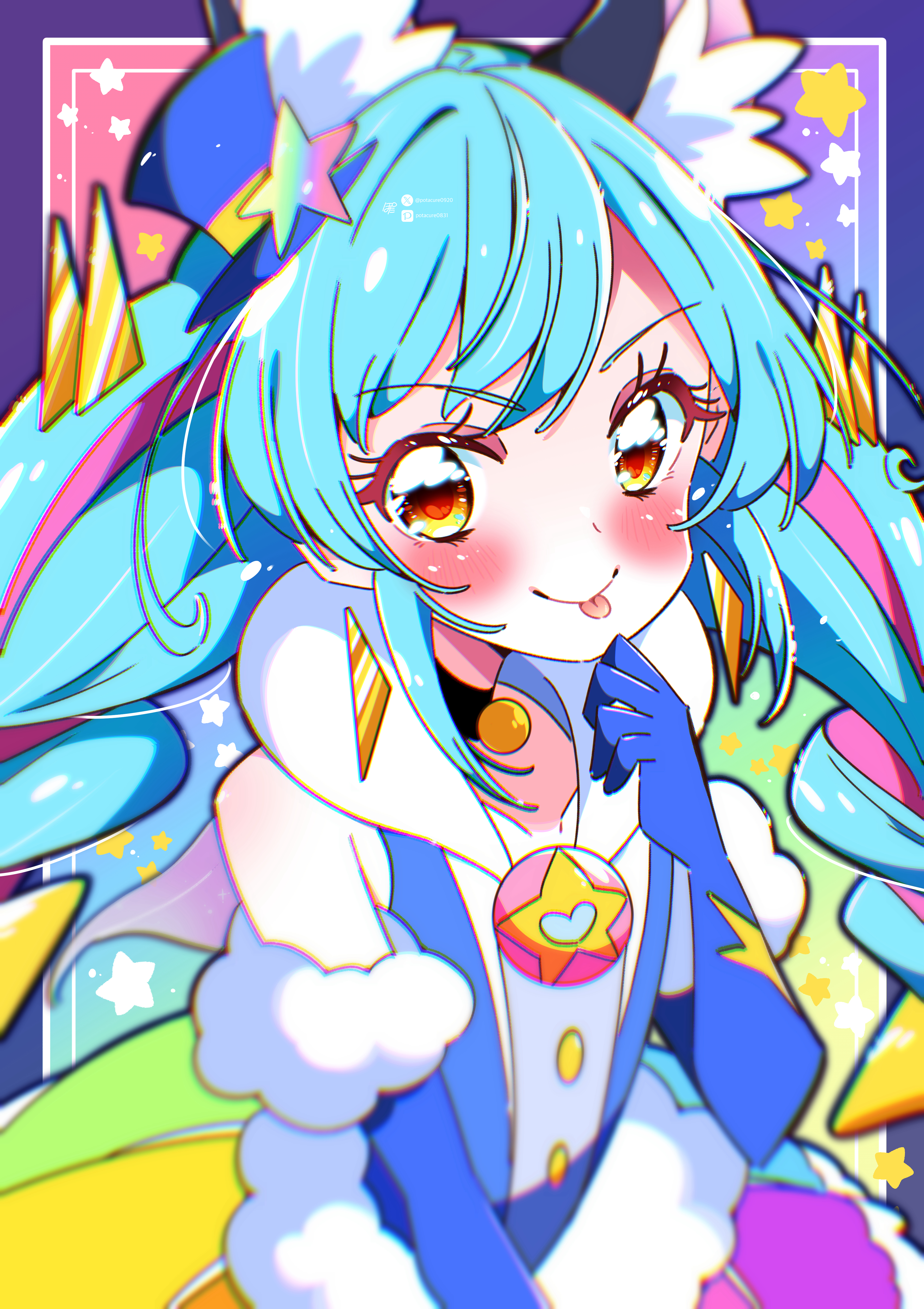 potacure, cure cosmo, yuni (precure), precure, star twinkle precure, absurdres, commentary, highres, 1girl, animal ears, aqua hair, blue shirt, blush, cat ears, cat girl, closed mouth, collarbone, detached sleeves, hat, long hair, long sleeves, looking at viewer, mini hat, mini top hat, multicolored hair, orange eyes, pink hair, shirt, sleeveless, sleeveless shirt, smile, solo, tilted headwear, tongue, top hat, twintails, very long hair