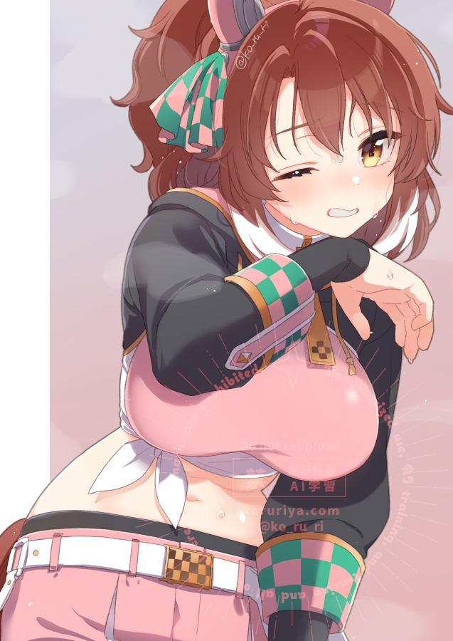 koruri, dantsu flame (umamusume), umamusume, 1girl, animal ears, black leggings, black shrug, blush, breasts, brown eyes, brown hair, brown tail, crop top, dantsu flame (center spotlight) (umamusume), ear covers, hood, hood down, hooded shrug, horse ears, horse girl, horse tail, large breasts, leggings, long hair, long sleeves, looking at viewer, midriff, navel, one eye closed, pink shirt, pink shorts, ponytail, shirt, short shorts, shorts, shrug (clothing), solo, stomach, sweat, tail