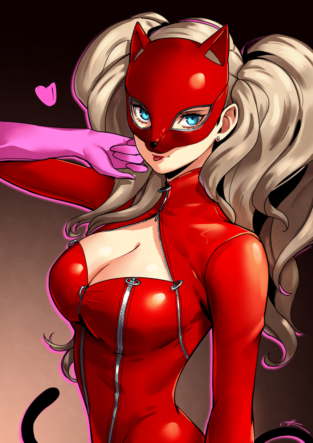 eightyfourart, panther (persona 5), takamaki anne, persona, persona 5, highres, 1girl, :p, animal ears, arm up, blonde hair, blue eyes, bodysuit, breasts, cat ears, cat mask, cat tail, cleavage, cleavage cutout, clothing cutout, gloves, gradient hair, heart, large breasts, long hair, looking at viewer, mask, multicolored hair, pink gloves, red bodysuit, solo, tail, tongue, tongue out, twintails, very long hair, zipper, zipper pull tab