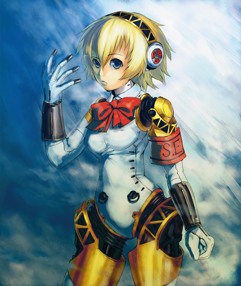 pondel, aigis (persona), atlus, persona, persona 3, android, blonde hair, blue eyes, hairband, ribbon, short hair, solo