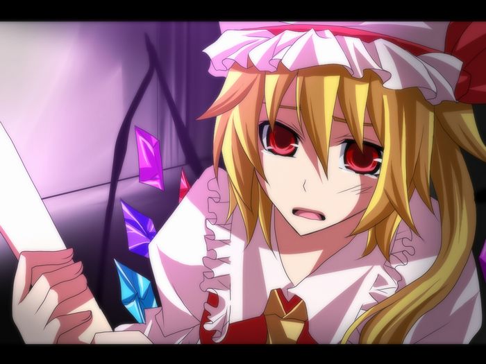 sakura (lilak a), flandre scarlet, touhou, kerchief, bad id, bad pixiv id, 1girl, :o, collar, crystal, female focus, frills, from above, hat, holding, letterboxed, looking at viewer, looking up, mob cap, open mouth, puffy short sleeves, puffy sleeves, red eyes, short sleeves, solo, upper body