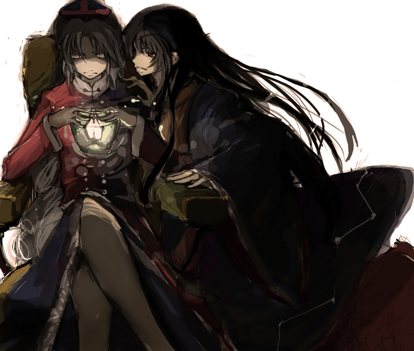 houraisan kaguya, yagokoro eirin, touhou, 2girls, black hair, dark, female focus, japanese clothes, long hair, multiple girls, sitting, white background