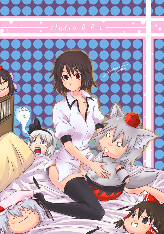 hiromasa, hakurei reimu, inubashiri momiji, kimeemaru, konpaku youmu, konpaku youmu (ghost), remilia scarlet, shameimaru aya, touhou, bad id, bad pixiv id, 1girl, bed, black thighhighs, character doll, doll, feathers, female focus, hat, hitodama, looking at viewer, no headwear, no pants, no wings, panties, sitting, solo, stuffed toy, thighhighs, underwear, wariza, yukkuri shiteitte ne