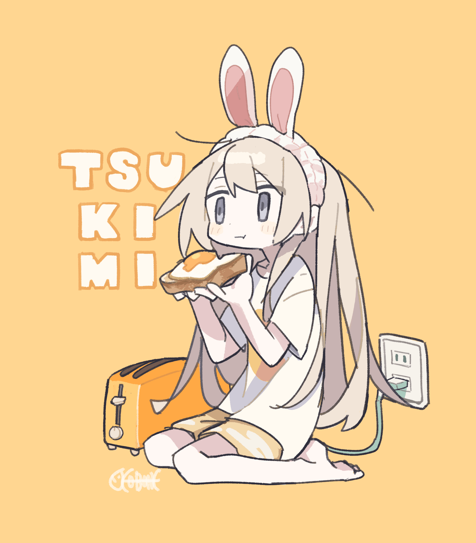 aida (aidia), original, commentary request, highres, 1girl, animal ears, barefoot, blonde hair, bread, bread slice, cable, closed mouth, electric plug, eyes visible through hair, food, fried egg, fried egg on toast, full body, grey eyes, hair between eyes, long hair, rabbit ears, shirt, shorts, simple background, sitting, solo, t-shirt, toast, toaster, very long hair, white shirt, yellow background, yellow shorts