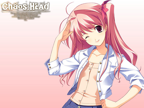 sakihata rimi, chaos;head, science adventure, lowres, 00s, 1girl, antenna hair, bow, female focus, one eye closed, one side up, pink hair, pink theme, ribbon, salute, solo, wink