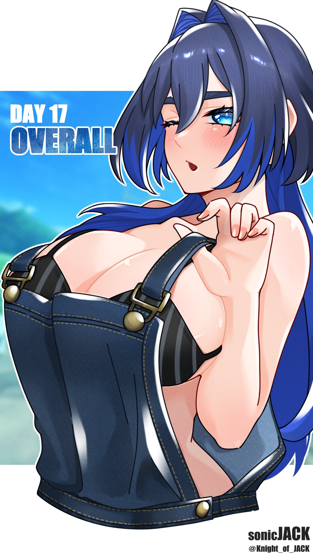 knight of jack, ouro kronii, hololive, hololive english, highres, 1girl, blue eyes, blue hair, blue overalls, blush, bra, breasts, cleavage, hair intakes, long hair, multicolored hair, one eye closed, overalls, solo, twitter username, underwear, virtual youtuber