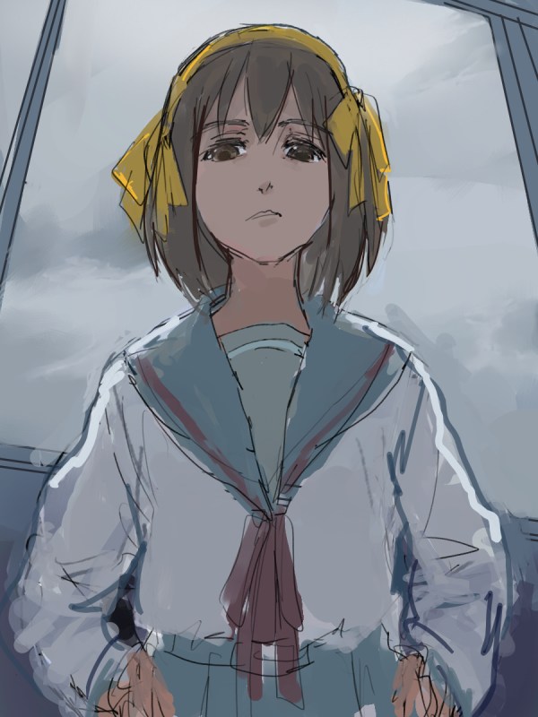 asasow, suzumiya haruhi, suzumiya haruhi no yuuutsu, bad id, bad pixiv id, 00s, 1girl, brown eyes, brown hair, female focus, hairband, hands on own hips, school uniform, serafuku, short hair, sketch, solo