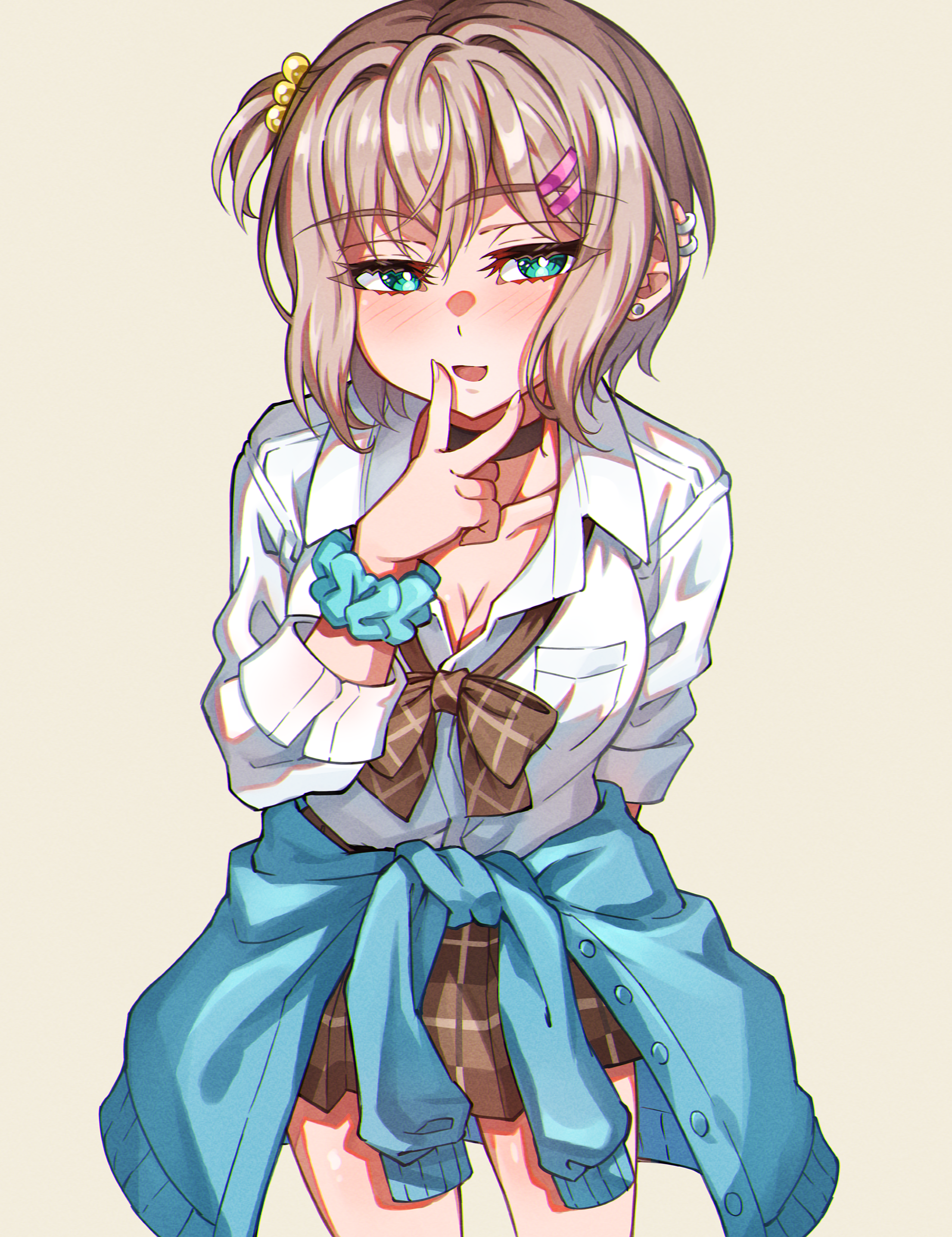 junji 17, aoba moca, bang dream!, absurdres, commentary, highres, 1girl, black choker, blue cardigan, blue eyes, blush, bow, bowtie, breasts, brown bow, brown bowtie, brown skirt, cardigan, cardigan around waist, choker, cleavage, clothes around waist, ear piercing, grey hair, hair ornament, hairclip, looking at viewer, open mouth, parallel hairclips, piercing, pleated skirt, short hair, simple background, skirt, solo, v, v over eye
