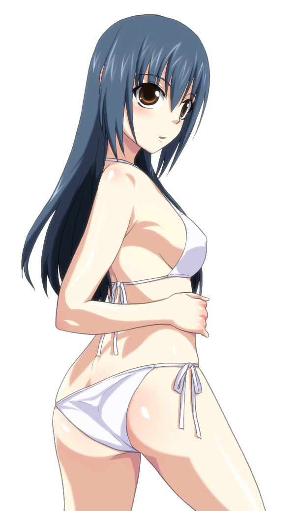 yuuki1103, original, ass, bikini, blue hair, blush, brown eyes, long hair, looking back, side-tie bikini bottom, solo, swimsuit, white bikini