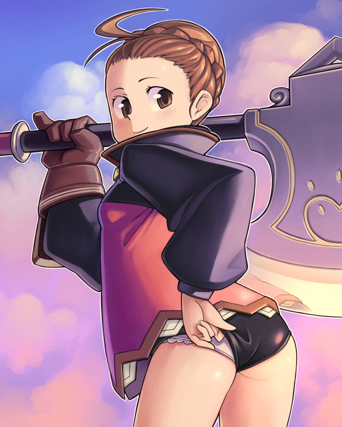 bowieknife, fighter (7th dragon), moiko (7th dragon), 7th dragon, 7th dragon (series), 1girl, adjusting clothes, adjusting panties, ass, axe, battle axe, brown eyes, brown hair, buruma, female focus, huge weapon, looking back, panties, smile, solo, sunset, underwear, weapon, white panties