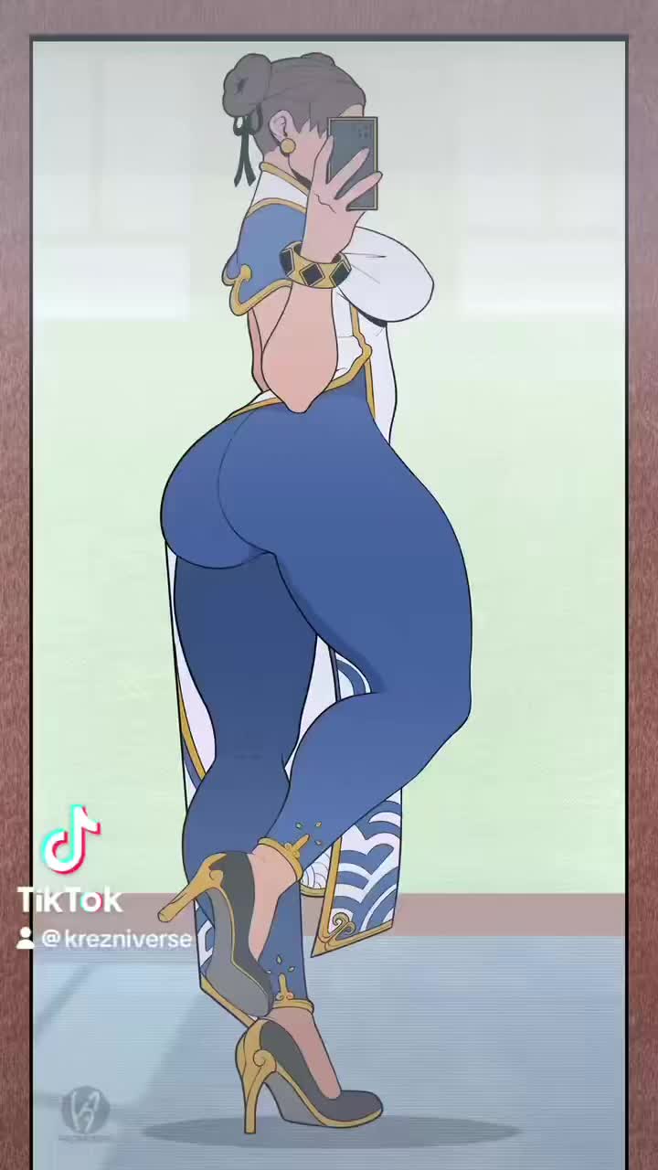 krezniverse, chun-li, capcom, street fighter, street fighter 6, animated, tagme, video, 1girl, cellphone, dress, flexing, flexing ass, high heels, leg up, mirror selfie, pants, phone, selfie, smartphone, yoga pants