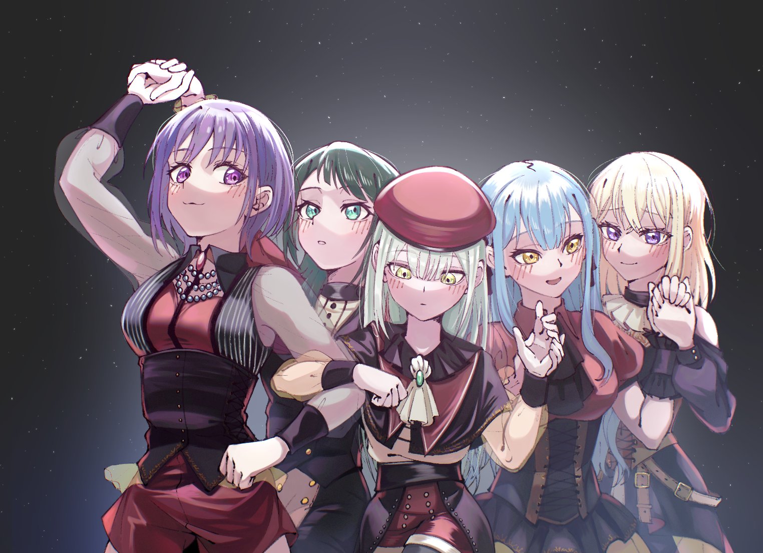 doki (oox3o), amoris (bang dream!), doloris (bang dream!), misumi uika, mortis (bang dream!), mortis (costume) (bang dream!), oblivionis (bang dream!), timoris (bang dream!), togawa sakiko, wakaba mutsumi, yahata umiri, yuutenji nyamu, ave mujica (bang dream!), bang dream!, bang dream! it's mygo!!!!!, commentary request, 5girls, :3, ascot, beret, black ascot, black capelet, black corset, black dress, black hair, black pants, black ribbon, blonde hair, blue hair, blush, breasts, brooch, brown corset, capelet, clothing cutout, corset, dress, green eyes, green hair, hair between eyes, hair ribbon, hat, holding hands, indoors, jewelry, light particles, locked arms, long hair, long sleeves, medium breasts, multiple girls, open mouth, pants, parted lips, puffy short sleeves, puffy sleeves, purple eyes, purple hair, red hat, red shirt, red shorts, ribbon, see-through clothes, see-through sleeves, shirt, short hair, short sleeves, shorts, shoulder cutout, sidelocks, white ascot, yellow eyes