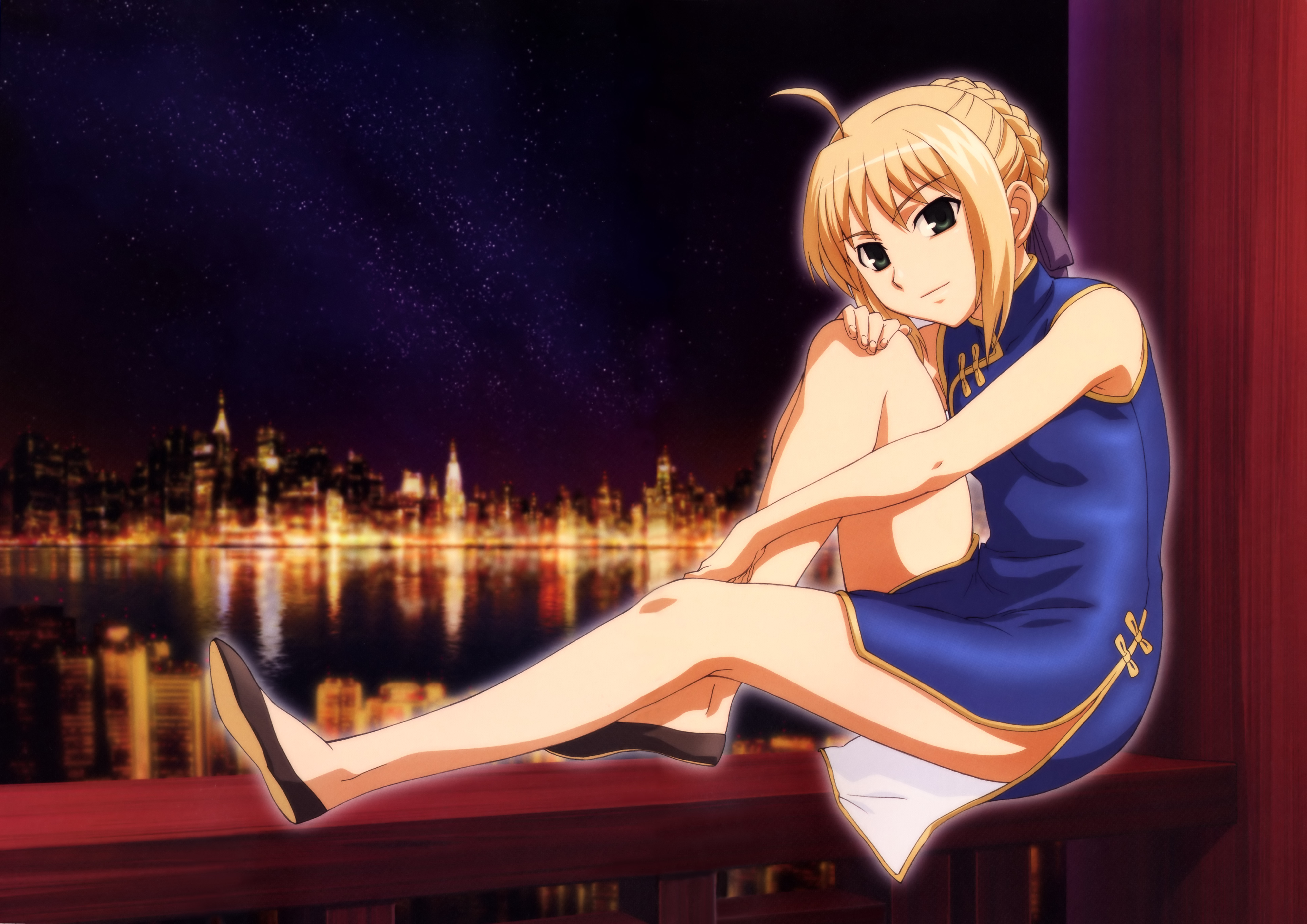 hashimoto hideki, artoria pendragon (fate), saber (fate), fate/stay night, fate (series), type-moon, absurdres, highres, 00s, ahoge, alternate costume, bare shoulders, blonde hair, china dress, chinese clothes, city, cityscape, dress, flats, hair ribbon, ribbon, short hair, sitting, solo