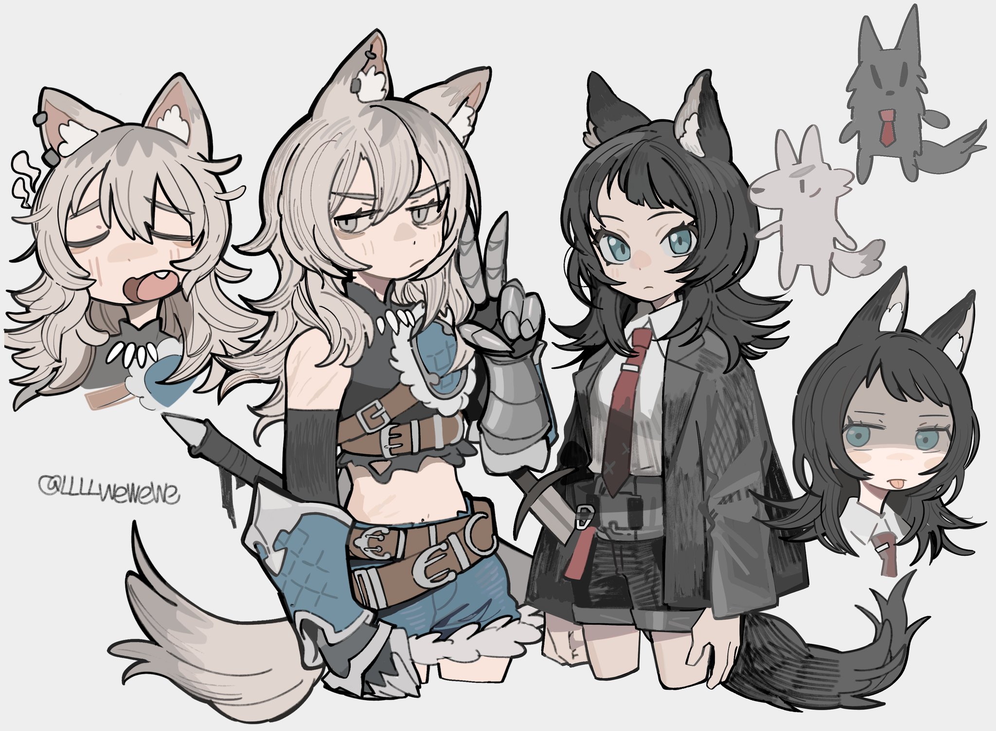 llllwewewe, kawaragi momoka, yahata umiri, yahata umiri (moonlight executioner), arknights, bang dream!, bang dream! it's mygo!!!!!, commentary, hashtag-only commentary, highres, 2girls, animal ear piercing, animal ears, armored gloves, black hair, black jacket, black shorts, blonde hair, blue eyes, blue shorts, censored, crop top, detached sleeves, fang, grey eyes, grey hair, hair between eyes, jacket, kemonomimi mode, long hair, midriff, mosaic censoring, multiple girls, navel, open mouth, shorts, simple background, tail, tongue, tongue out, v, white background, wolf ears, wolf girl, wolf tail