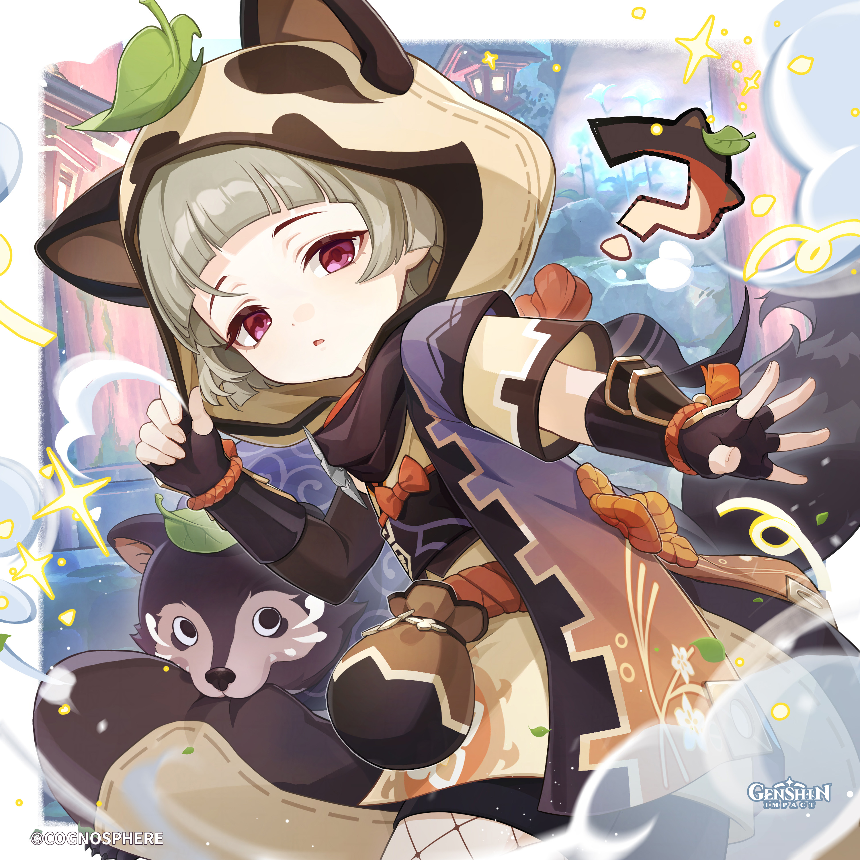 bake-danuki (genshin impact), sayu (genshin impact), genshin impact, absurdres, highres, official art, 1girl, ?, animal ears, animal hood, black gloves, blunt bangs, fake animal ears, fingerless gloves, gloves, grey hair, hood, japanese clothes, leaf, leaf on head, looking at viewer, open mouth, pink eyes, raccoon ears, raccoon tail, short hair, solo, tail, yellow hood