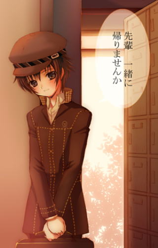 seiru (prairie), shirogane naoto, atlus, persona, persona 4, translation request, 1girl, blue eyes, blue hair, blush, hat, newsboy cap, reverse trap, school uniform, short hair, sunset