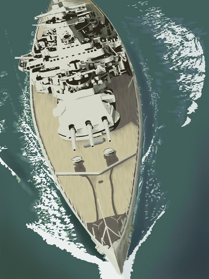 fuyunobu, admiral graf spee, battleship, from above, graf spee, military, military vehicle, no humans, no lineart, ocean, pocket battleship, ship, ship turret, spotlight, warship, watercraft