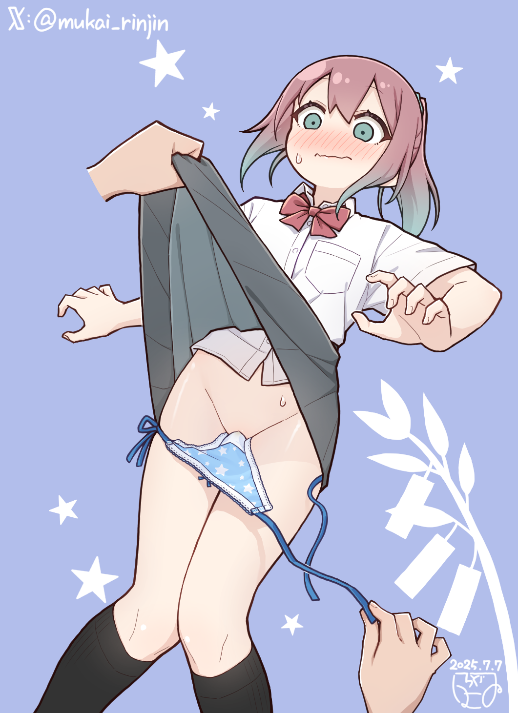 mukai rinjin, original, commentary request, highres, 1girl, 1other, assisted exposure, black socks, blue background, blue panties, blush, bow, bowtie, brown hair, closed mouth, clothes lift, dated, disembodied hand, double-parted bangs, feet out of frame, gradient hair, green eyes, grey skirt, humiliation, kneehighs, knees together feet apart, lifting another's clothes, long hair, multicolored hair, nose blush, panties, panty pull, ponytail, print panties, red bow, red bowtie, school uniform, shirt, shirt tucked in, short sleeves, side-tie panties, simple background, skirt, skirt lift, socks, solo focus, stained panties, standing, star (symbol), star panties, star print, sweat, twitter username, underwear, untied panties, wavy mouth, white shirt