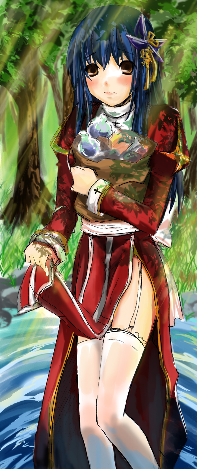 high priest (ragnarok online), ragnarok online, commentary request, highres, 1girl, bag, blue hair, blush, brown eyes, closed mouth, dress, feet out of frame, forest, garter straps, holding, holding bag, juliet sleeves, long hair, long sleeves, looking at viewer, nature, outdoors, paper bag, puffy sleeves, rame (wishangel0407), red dress, sash, solo, standing, sunlight, thighhighs, tree, two-tone dress, water, white dress, white sash, white thighhighs