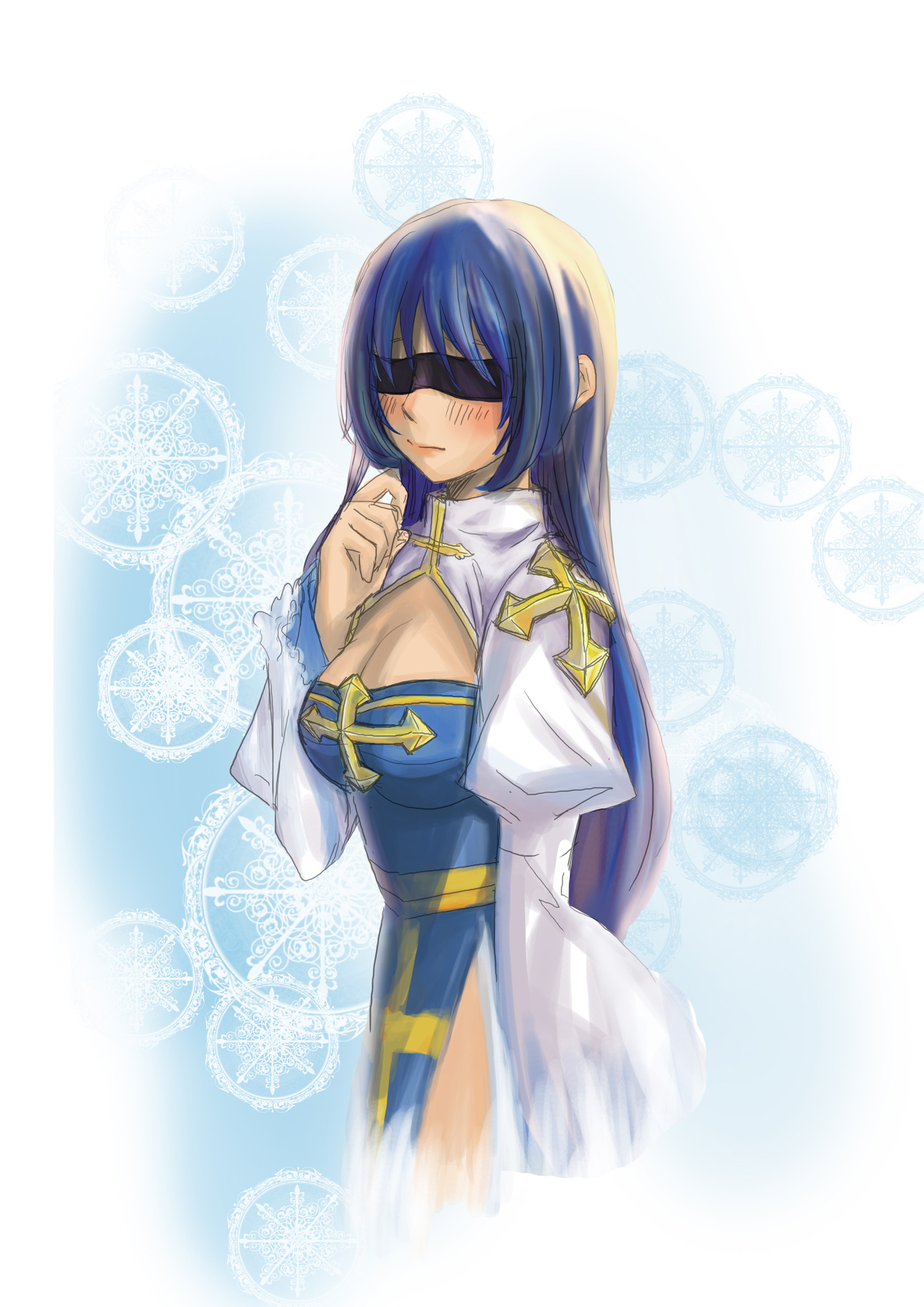 arch bishop (ragnarok online), ragnarok online, chinese commentary, commentary request, highres, 1girl, blindfold, blue dress, blue hair, blush, breasts, cleavage, cleavage cutout, closed mouth, clothing cutout, cowboy shot, cross, dress, juliet sleeves, large breasts, long hair, long sleeves, magic circle, puffy sleeves, rame (wishangel0407), sash, solo, two-tone dress, white background, white dress, yellow sash