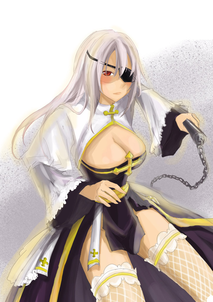 arch bishop (ragnarok online), ragnarok online, chinese commentary, commentary request, 1girl, black dress, blush, breasts, chain, cleavage, cleavage cutout, closed mouth, clothing cutout, cowboy shot, cross, dress, eyepatch, fishnet thighhighs, fishnets, frilled thighhighs, frills, grey hair, holding, holding chain, large breasts, long hair, long sleeves, looking at viewer, rame (wishangel0407), red eyes, sash, shaded face, solo, thighhighs, two-tone dress, white background, white dress, white thighhighs, yellow sash