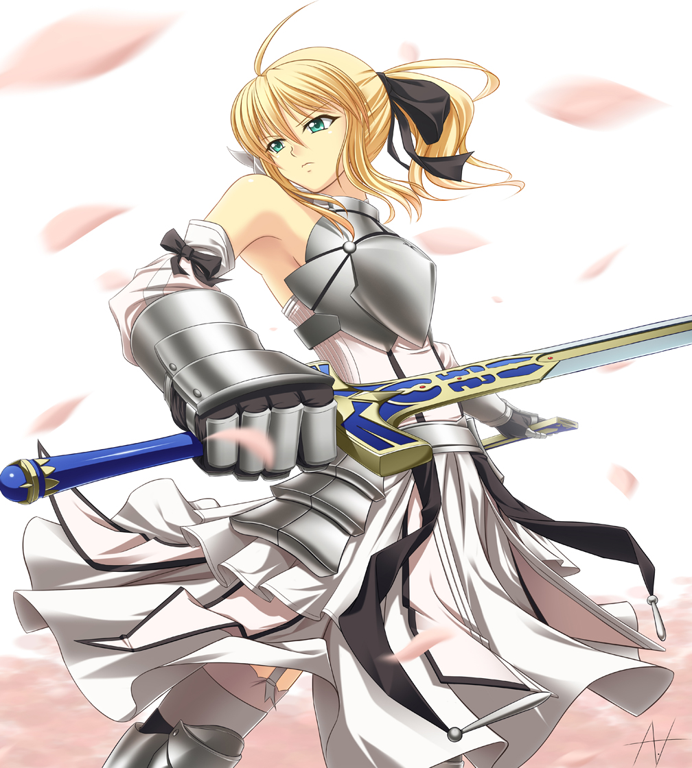 athrun1120, artoria pendragon (fate), saber (fate), saber lily, capcom, fate/stay night, fate/unlimited codes, fate (series), type-moon, bad id, bad pixiv id, 00s, 1girl, ahoge, armor, armored dress, armpits, bare shoulders, blonde hair, caliburn (fate), cherry blossoms, detached sleeves, dress, female focus, gauntlets, green eyes, hair ribbon, ponytail, ribbon, short hair, solo, sword, weapon