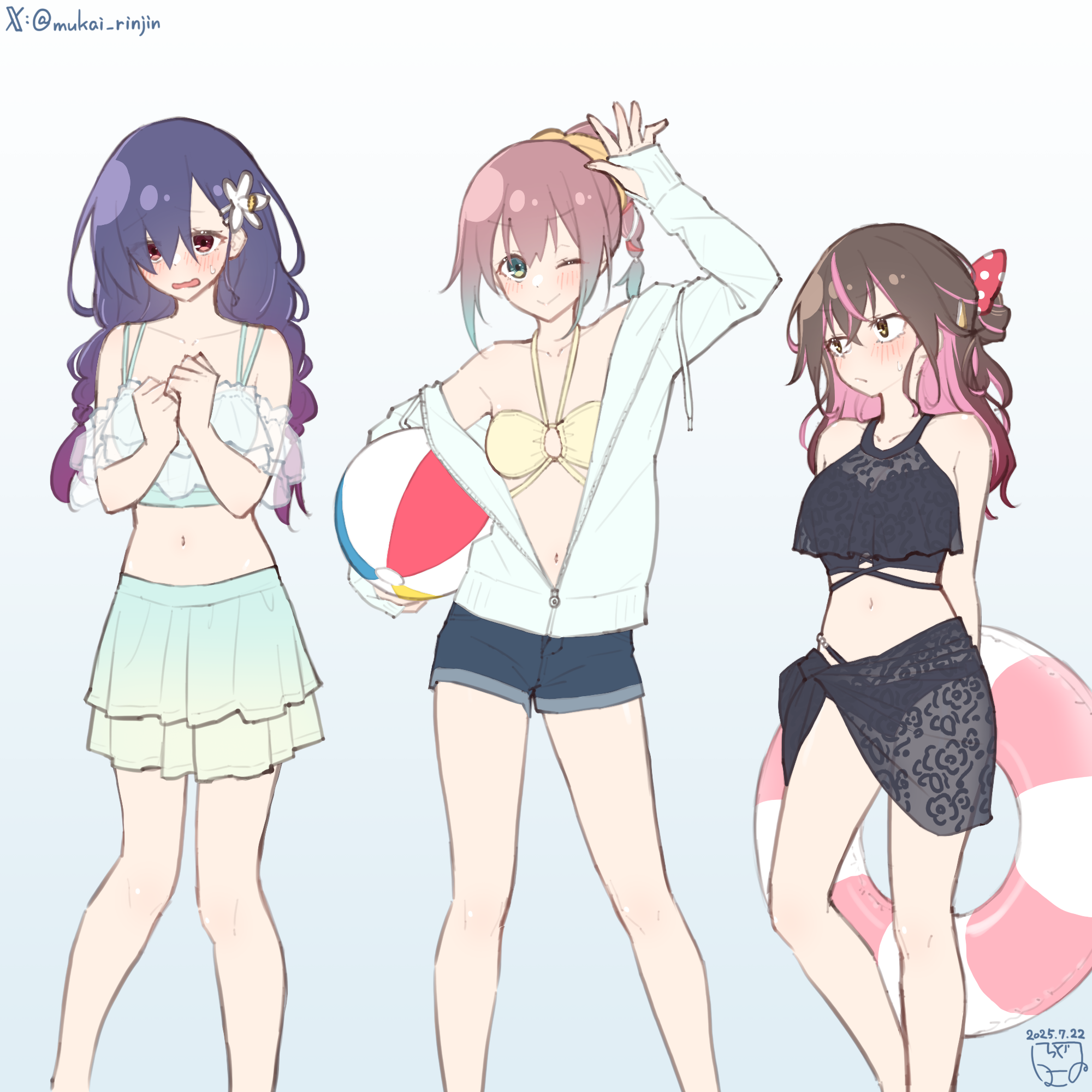 mukai rinjin, original, commentary request, highres, 3girls, ball, beachball, bikini, bikini skirt, black bikini, black sarong, blue shorts, blush, bow, braid, brown eyes, closed mouth, collarbone, colored inner hair, dated, denim, denim shorts, embarrassed, eyes visible through hair, flower, gradient background, gradient hair, green eyes, grey background, hair between eyes, hair bow, hair flower, hair ornament, hair over one eye, hair ribbon, holding, holding ball, holding beachball, innertube, jacket, legs apart, long bangs, long hair, long sleeves, looking at another, medium hair, midriff, multicolored bikini, multicolored hair, multiple girls, navel, one eye closed, open clothes, open jacket, open mouth, parted bangs, partially unzipped, pink eyes, polka dot, polka dot bow, ponytail, purple hair, red bow, ribbon, sarong, see-through clothes, see-through sarong, short shorts, shorts, sleeves past wrists, smile, standing, swim ring, swimsuit, thumb hole sleeves, twitter username, wavy mouth, white flower, white jacket, yellow bikini, yellow ribbon